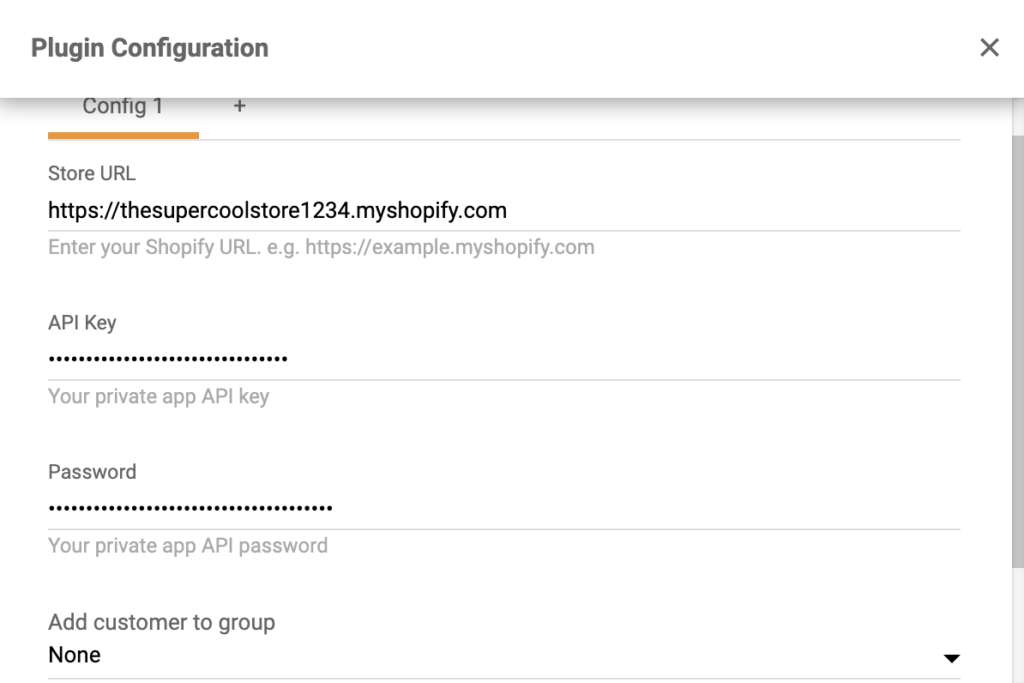 Copiez et collez la clé API et le mot de passe dans la configuration du plugin Shopify dans LiveAgent.