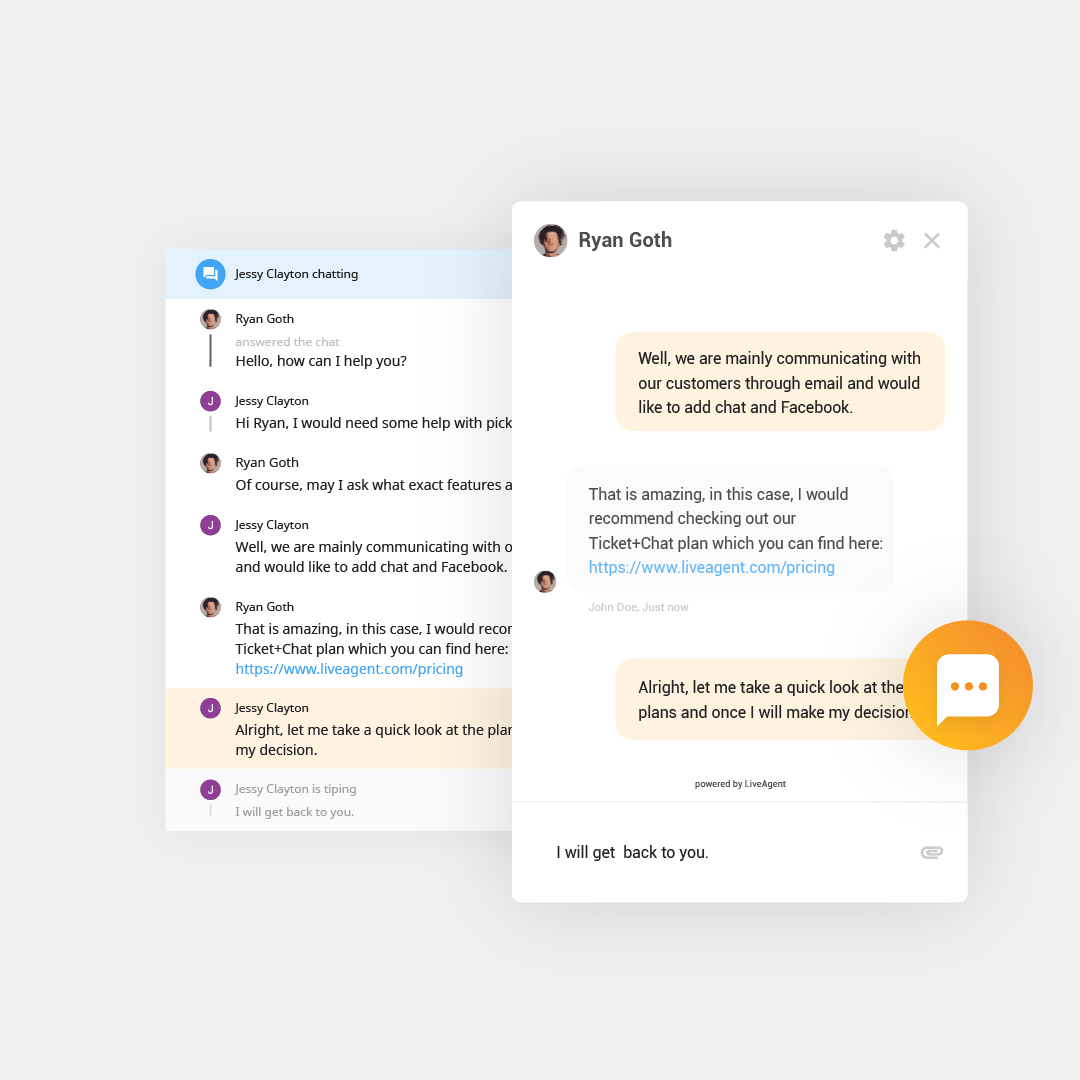 Vue d'ensemble des échanges en cours dans un chat en direct LiveAgent. Bouton de chat en direct et widget de chat en direct 