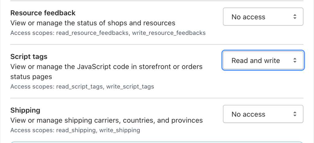 Modification des autorisations des balises de script en lecture et écriture dans Shopify