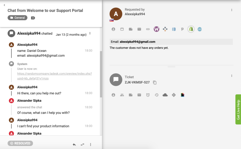 Le plugin Shopify est actif dans LiveAgent et les commandes des clients sont visibles à partir de la vue du ticket.