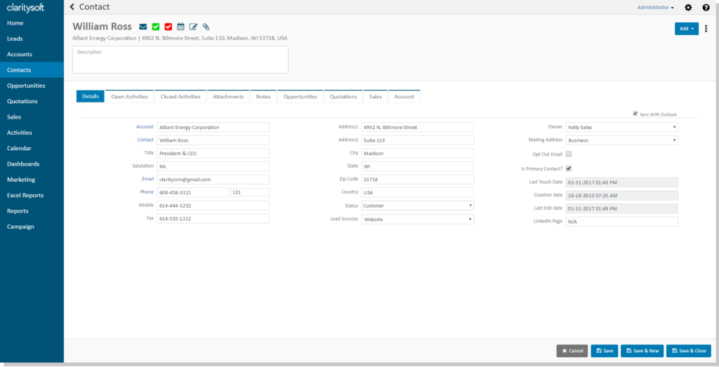 Gestion des contacts de Clarity