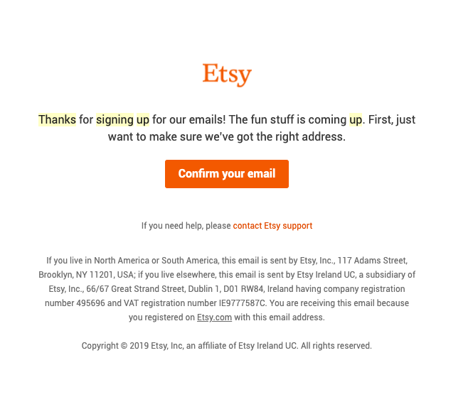 E-mail de confirmation de l'acquisition d'un client Etsy