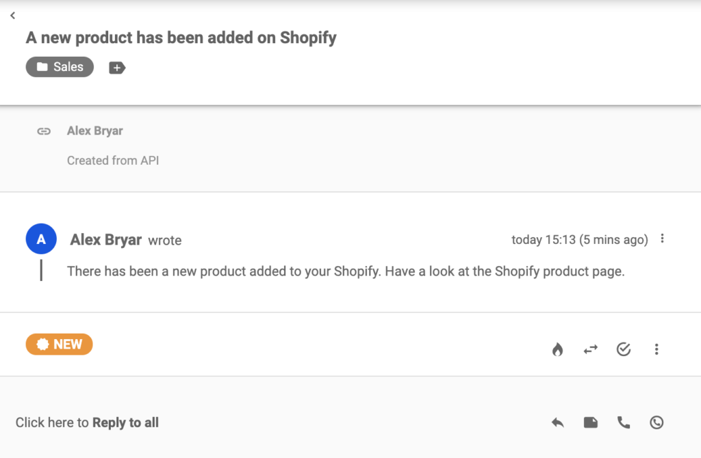 Un nouveau ticket a été envoyé depuis Shopify après la création d'un produit