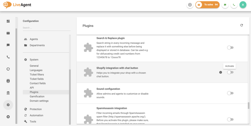shopify--liveagent-integration Intégration de Shopify avec bouton de chat dans la liste des plugins LiveAgent
