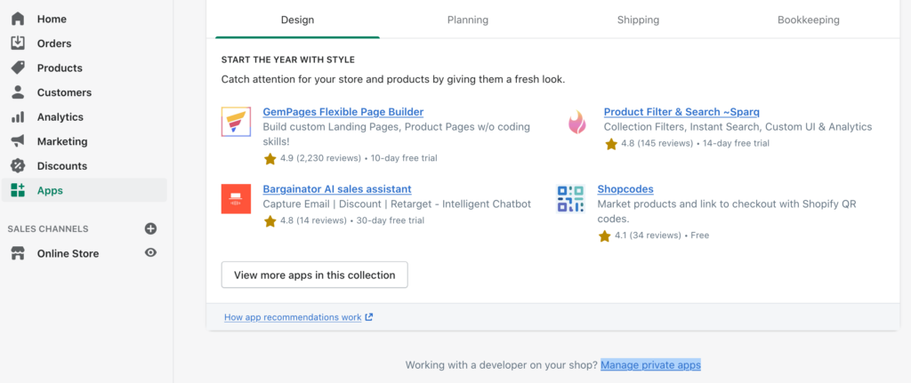 Gestion des applications privées en bas des sections Shopify Apps