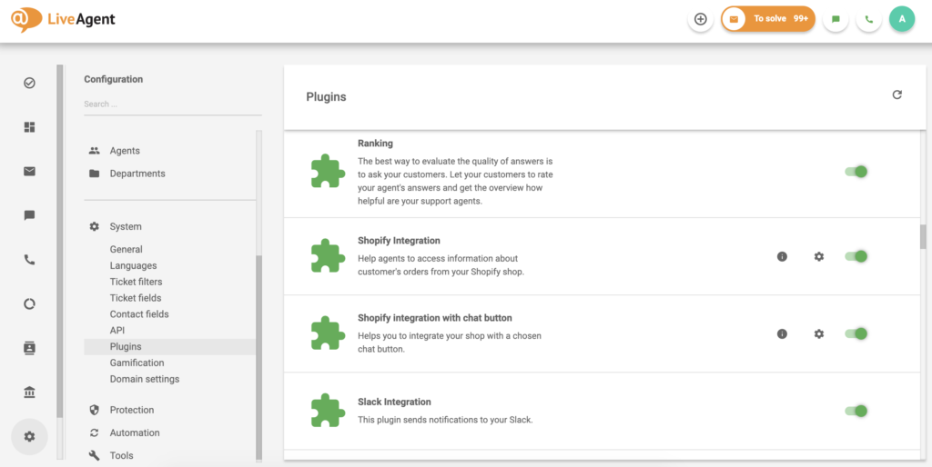 Intégration de Shopify dans la liste des plugins de LiveAgent