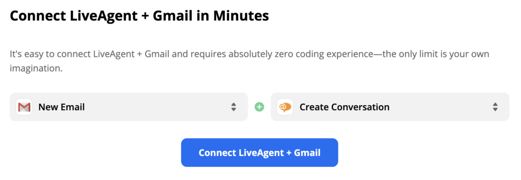 LiveAgent et Gmail avec le déclencheur Nouvel e-mail et l'action Créer une conversation