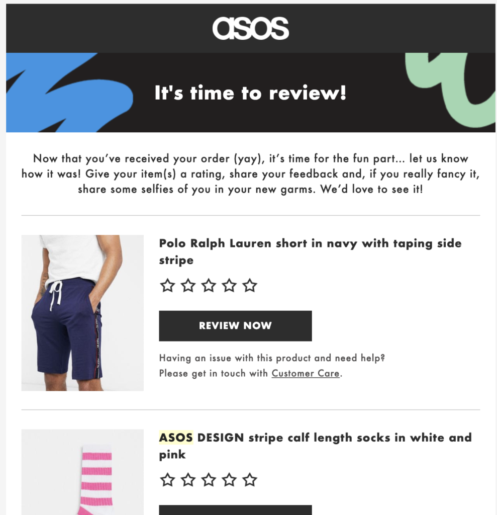 Modèle de mail post achat d'Asos