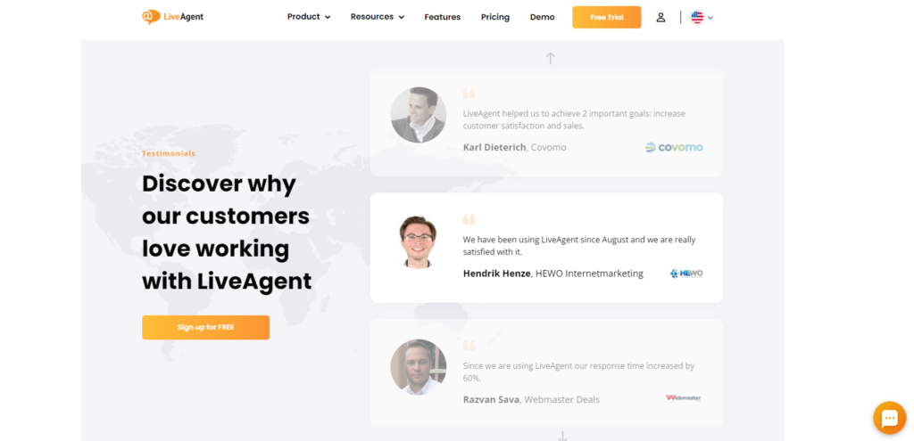 Témoignages sur les landing pages de LiveAgent