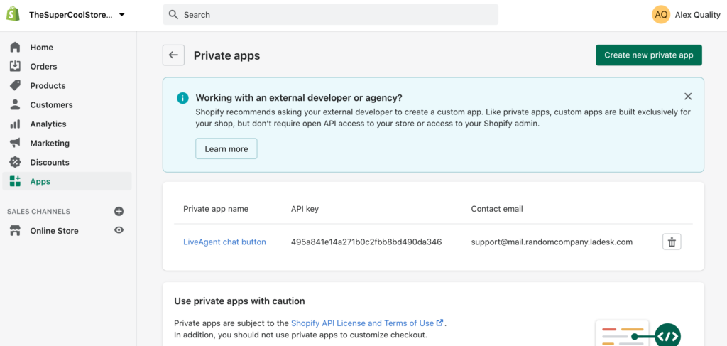 Créez une nouvelle application privée dans Shopify pour créer une intégration avec LiveAgent.