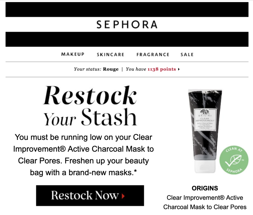 Modèle de mail de réapprovisionnement Sephora