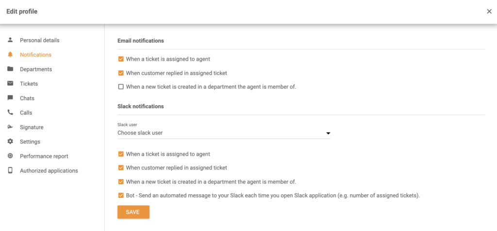 Les options des notifications Slack dans la section Modifier le profil