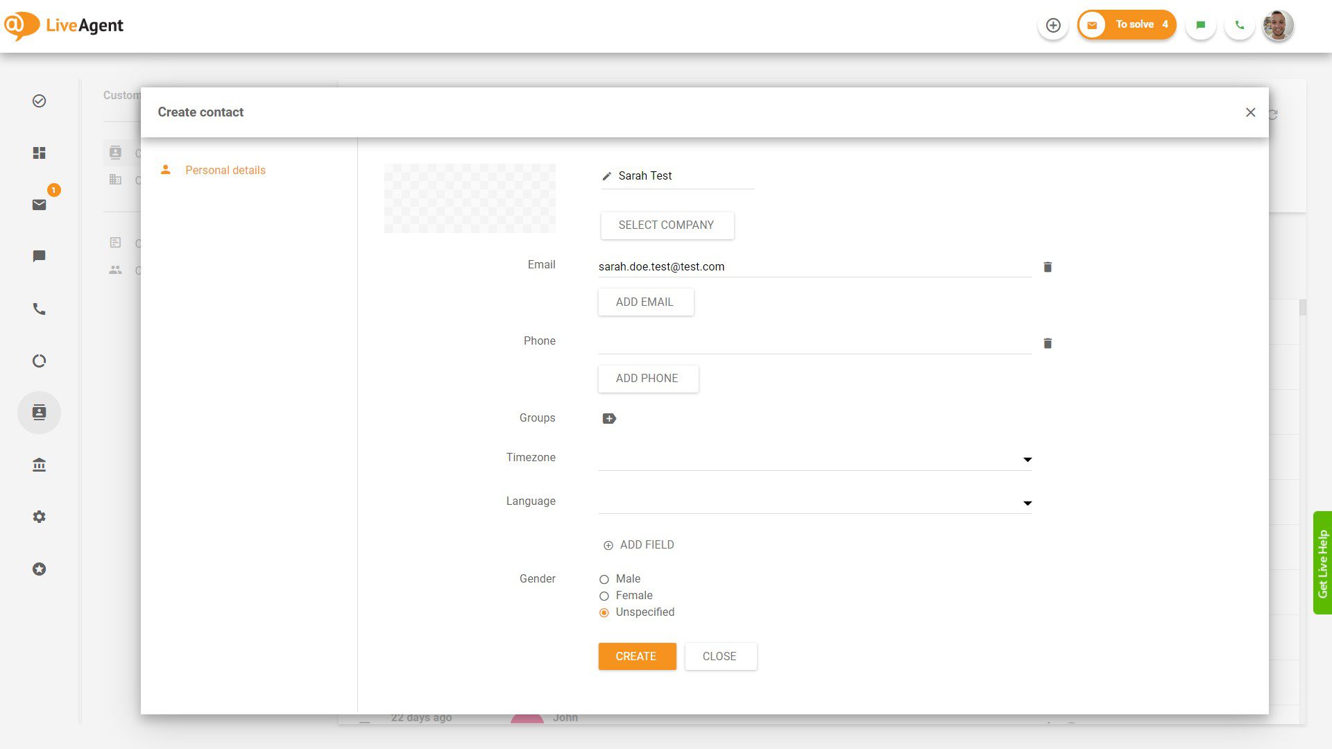 Système de help desk gratuit - LiveAgent - créer un contact