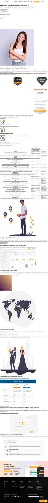 SI vous recherchez une alternative à Intercom, pensez à LiveAgent. LiveAgent dispose du widget de chat le plus rapide du marché et de plus 175 fonctionnalités de service d'assistance.