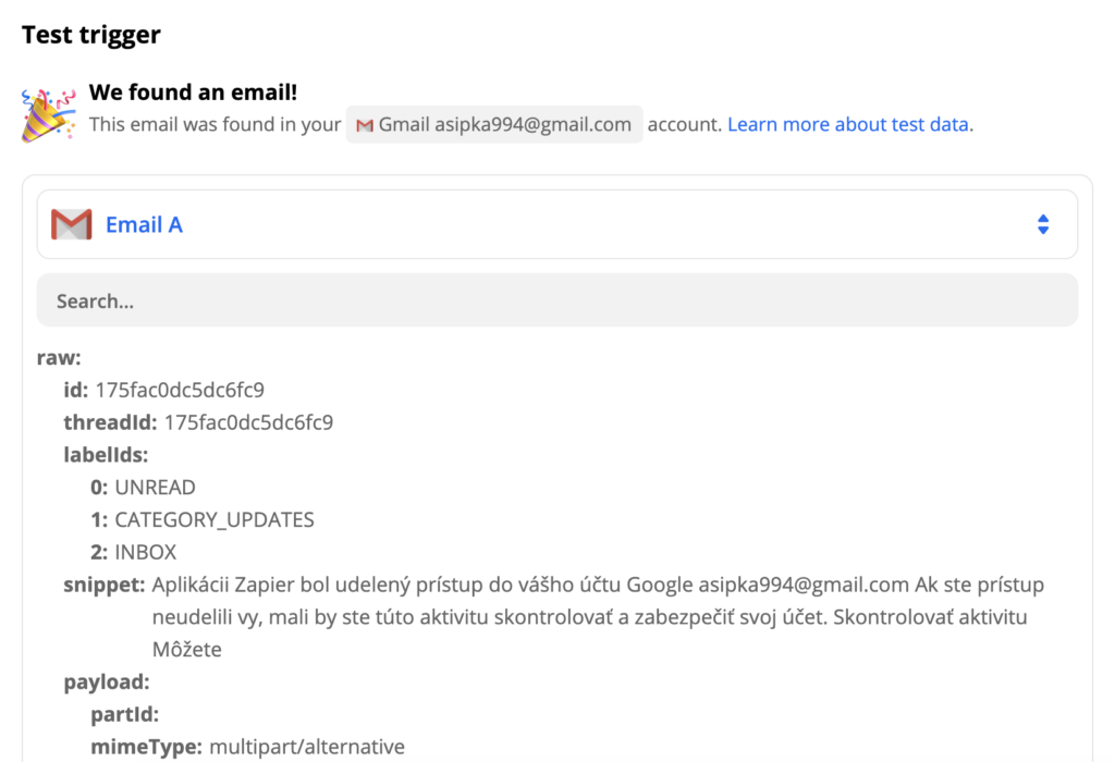 Exemple de test de déclencheur Gmail