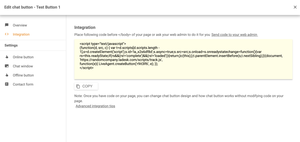 Un code de bouton de chat généré dans LiveAgent 