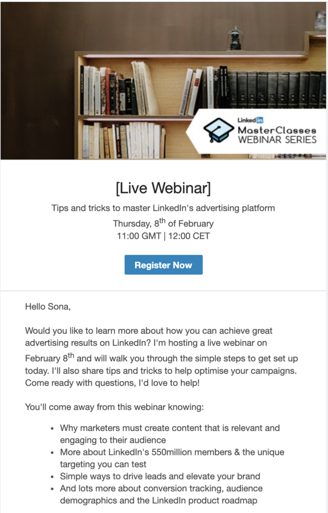 Modèle de mail pour un webinaire LinkedIn en avant-première