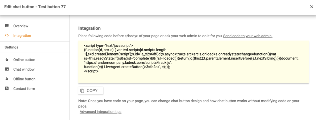 Shift4shop LiveAgent code d'intégration