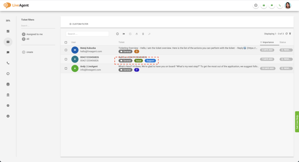 Tags de ticketing dans la boîte de réception universelle