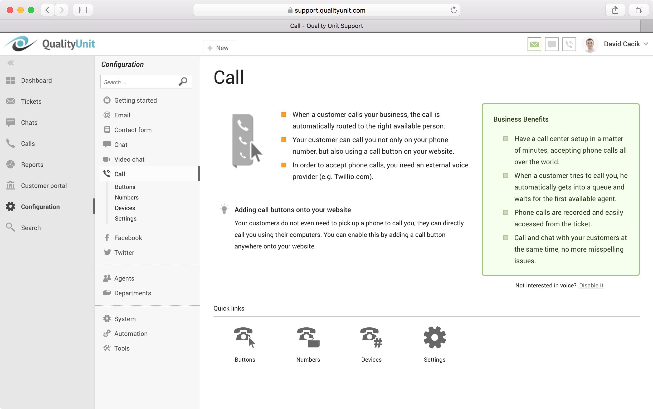 Appel vocal de LiveAgent.