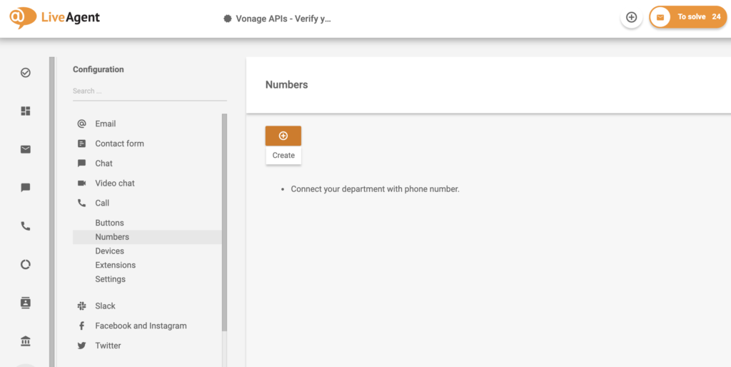 Configuration du numéro avec le bouton de création dans LiveAgent