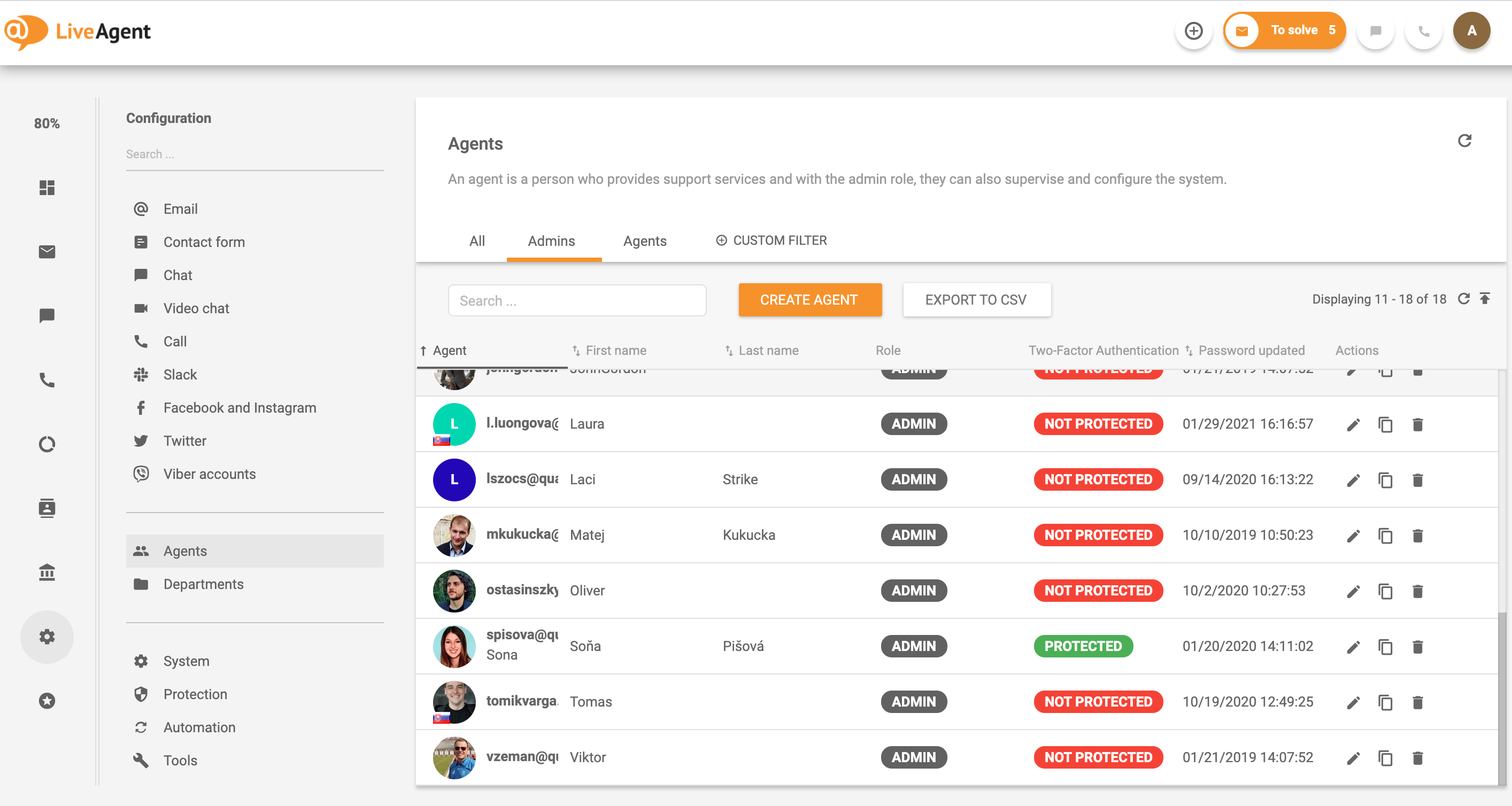 Représentants des clients dans LiveAgent - exemple
