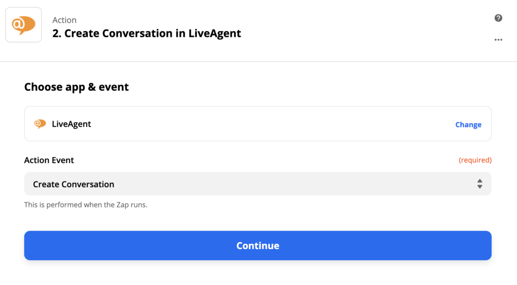 Configuration de l'action LiveAgent dans Zapier