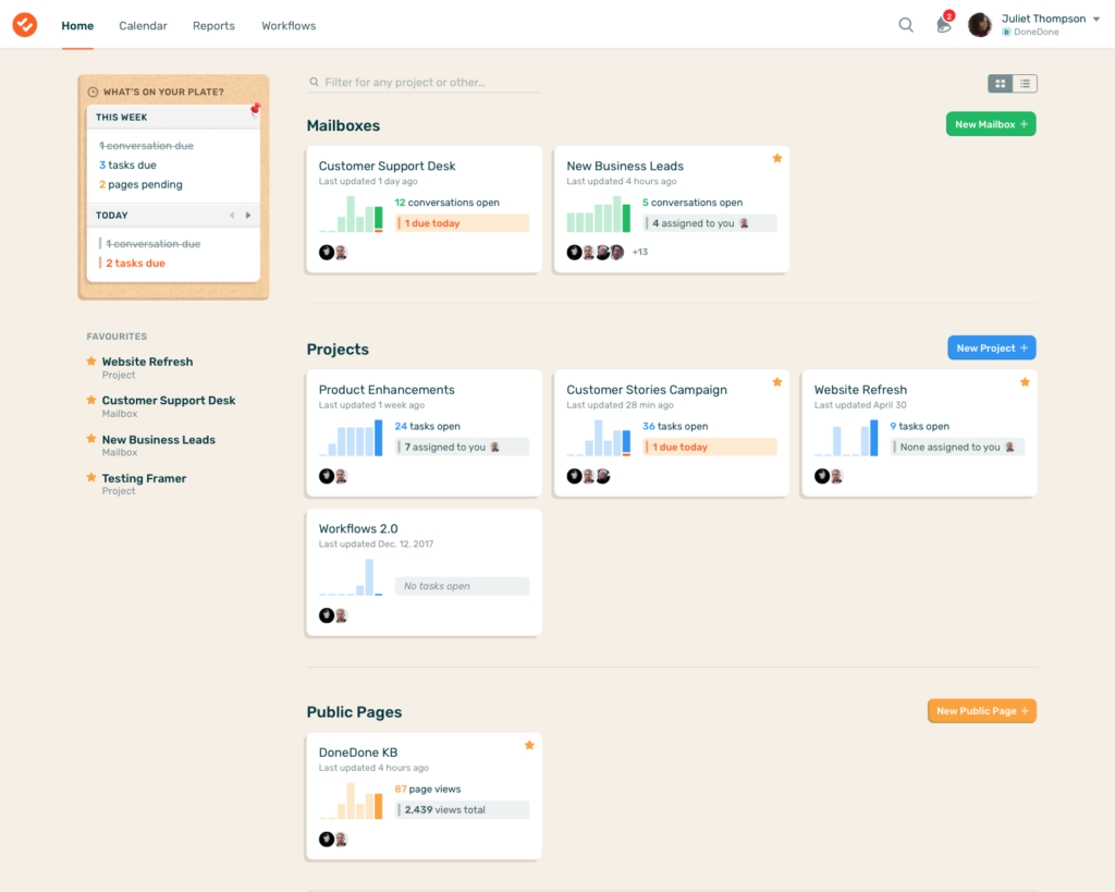 Tableau de bord du logiciel de tracking DoneDone