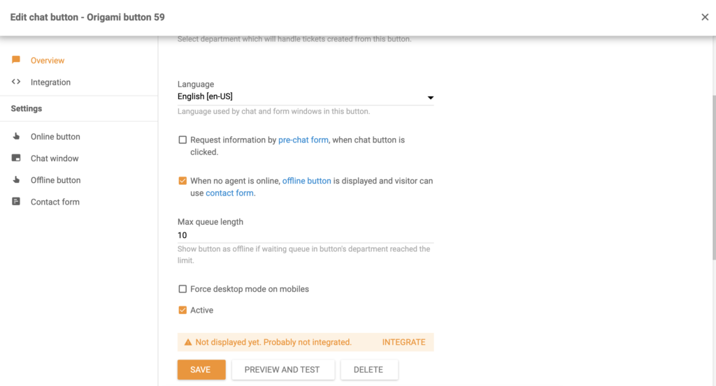 Modifier le bouton et configurer les options dans le processus de création du bouton LiveAgent