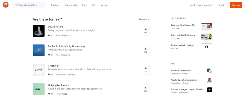 Page d'accueil de ProductHunt