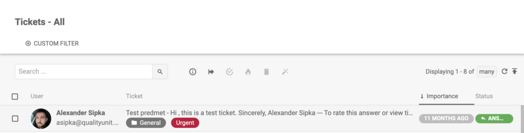 Affichage d'un ticket avec le mot-clé Urgent