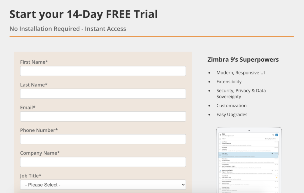Page d'essai de Zimbra avec un formulaire vide